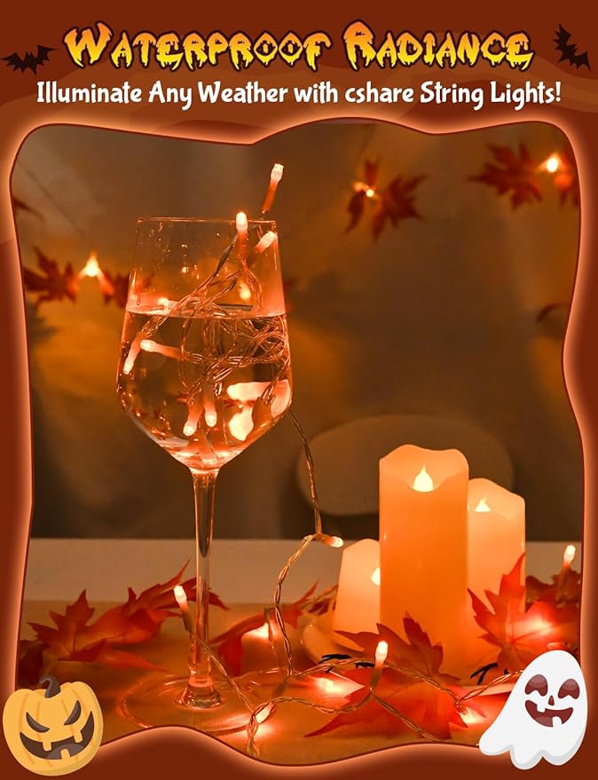 cshare Halloween String Lights Battery Operated with Timer - 9.8ft 30LED Orange Waterproof Lights for Outside Decorations, Party, Yard, Pathway, Indoor and Outdoor 2 Packs