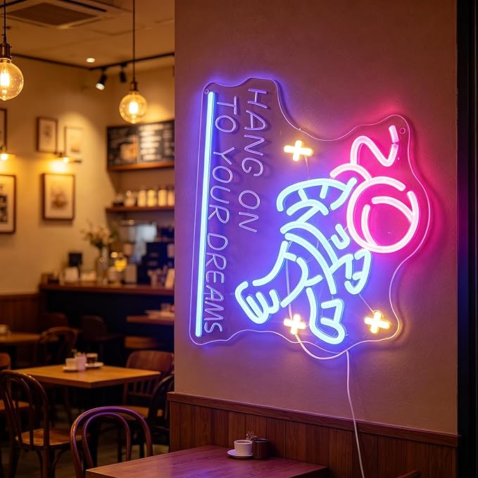 "Hang on to Your Dreams" Tired Astronaut Neon Light - Motivational Space Themed LED Wall Art, Dimmable USB Night Light with Hanging Kit, Inspiring Study Bedroom Decor Gift for Students & Dreamers
