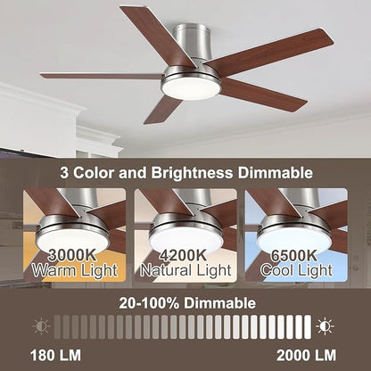 52 Inch Ceiling Fans with Lights and Remote,Nickel Flush Mount Ceiling Fan,Quiet 6 Speed Reversible DC Motor,3CCT Dimmable LED,3 Timers-Low Profile Design for Bedroom Kids Room Living Room