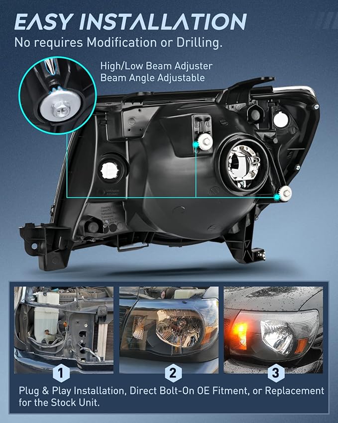 Nilight Headlight Assembly for 2005 2006 2007 2008 2009 2010 2011 Toyota Tacoma Replacement Headlamp Black Housing Amber Reflector