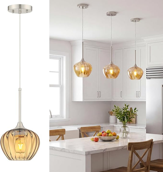 Amber Pendant Lights Kitchen Island, 7" Modern Glass Adjustable Pendant Lighting Brushed Nickel Hanging Light Fixtures for Kitchen, Dining Room, Sink, Bathroom