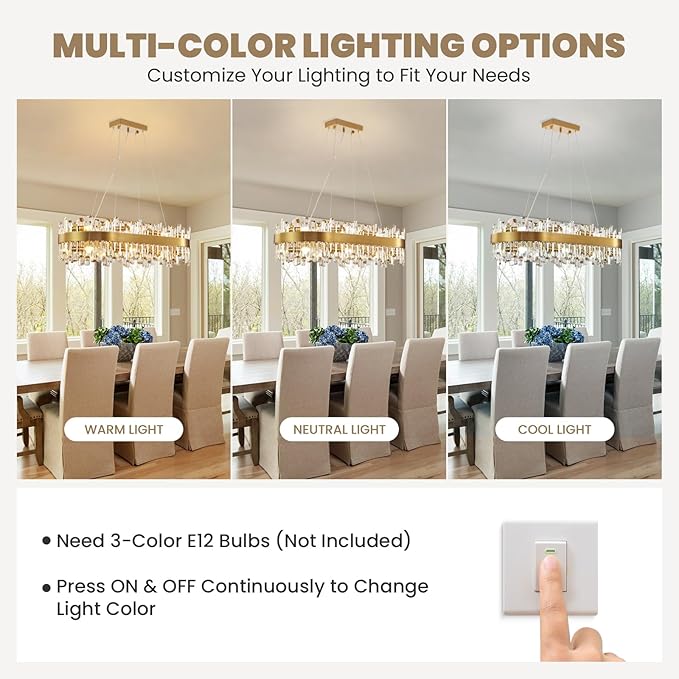 Modern Crystal Chandelier, 16-Light Rectangular Gold Crystal Chandelier for Dining Room, Luxury Oval 2-Tiers K9 Crystal Flush Mount Pendant Ceiling Light for Living Room Kitchen Island L35.4''