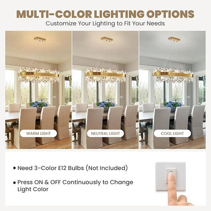 Modern Crystal Chandelier, 16-Light Rectangular Gold Crystal Chandelier for Dining Room, Luxury Oval 2-Tiers K9 Crystal Flush Mount Pendant Ceiling Light for Living Room Kitchen Island L35.4''
