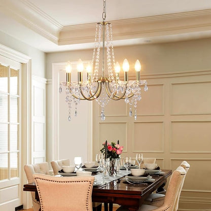 Crystal Gold Chandeliers for Dining Room, Modern Candle Crystal Brass Chandelier Light Fixture, Vintage Pendant Light for Living Room Bedroom Bathroom Entryway Hallway E12 Bulbs D19 in x H24 in