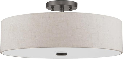 Livex Lighting 52136-92 Meridian Collection 4-Light Transitional Ceiling Mount Fixture with Oatmeal Color Fabric Hardback Shade, English Bronze