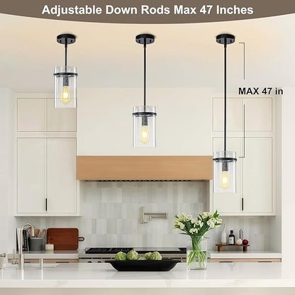1 Pack Seeded Glass Pendant Lights Kitchen Island, 5.5" Hanging Farmhouse Pendant Light Fixtures, Black Pendant Lighting Island Lights for Kitchen Over Sink Entryway Hallway