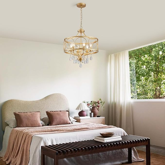 6-Light Modern Gold Crystal Chandelier, 17.7" Farmhouse Ceiling Light Fixture, Hanging Metal Pendant Lights Kitchen Island Dining Room Entryway Foyer