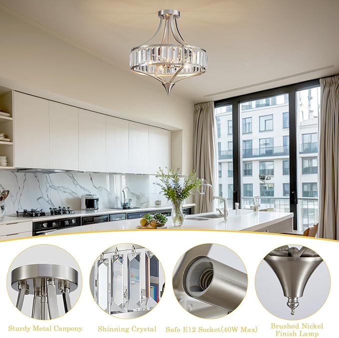 Crystal Chandelier Ceiling Light Fixture, Modern Round Brushed Nickel Dining Room Chandeliers for Kitchen Hallway Bedroom Foyer, 16 Inch Rustic Farmhouse Semi Flush Ceiling Light, 4-Light