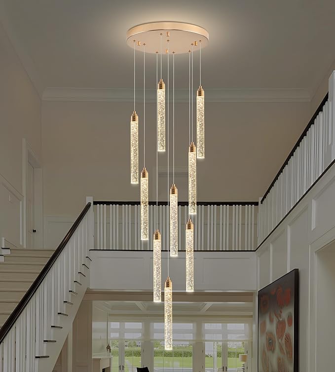 Crystal Staircase Chandelier, Modern Gold Spiral Dimmable LED Cluster Raindrop Foyer Chandelier Lighting, Bubble Living Room Hanging Light Fixture 9 Light Remote Control