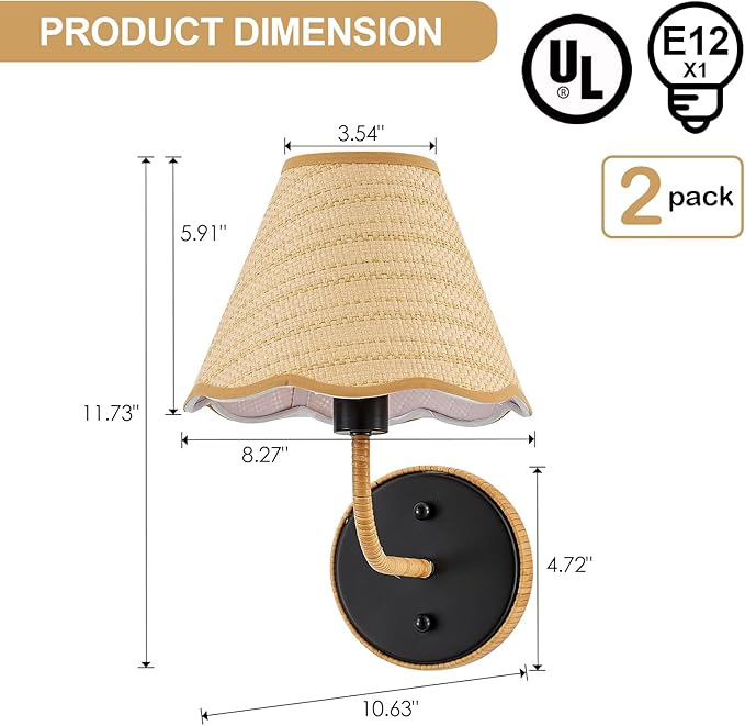 Elycucpa 11” Boho Hand Woven Rattan Wall Sconces Set of Two Rustic Industrial Wall Lamp Black Farmhouse Wall Lights for Bedroom Living Room Hallway Vanity, UL Listed
