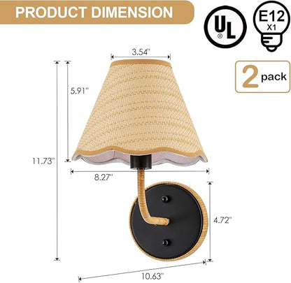Elycucpa 11” Boho Hand Woven Rattan Wall Sconces Set of Two Rustic Industrial Wall Lamp Black Farmhouse Wall Lights for Bedroom Living Room Hallway Vanity, UL Listed