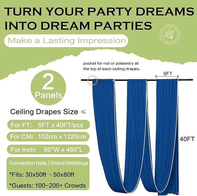 10ftx40ft Royal Blue Ceiling Curtain for Wedding Parties – 2 Panels Wrinkle-Free 40 FT Long Tent Draping Curtains for Wedding, Birthday & Theme Parties, 40ft Height with Rod Pocket