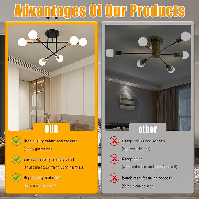 SPOLI Sputnik Ceiling Light Fixture, Dining Room Chandelier, Modern 6-Light Black and Gold Industrial Pendant Semi Flush Mount for Kitchen Living Bedroom, E26 Base, Bulbs Not Included