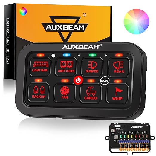 Auxbeam 8 Gang Switch Panel RA80 Toggle Momentary Pulsed RGB Dimmable Multifunction Switch Panel Easy Installation Marine Switch Pod IP65 Waterproof for Car Boat RV, 3 Years Warranty