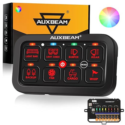 Auxbeam 8 Gang Switch Panel RA80 Toggle Momentary Pulsed RGB Dimmable Multifunction Switch Panel Easy Installation Marine Switch Pod IP65 Waterproof for Car Boat RV, 3 Years Warranty
