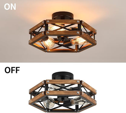 3-Light Rustic Farmhouse Wood Flush Mount Ceiling Light Fixture Oak Wood and Metal Cage Semi Flush Mount Ceiling Light for Hallway Hall Entry Bedroom Kitchen Farmhouse, Black