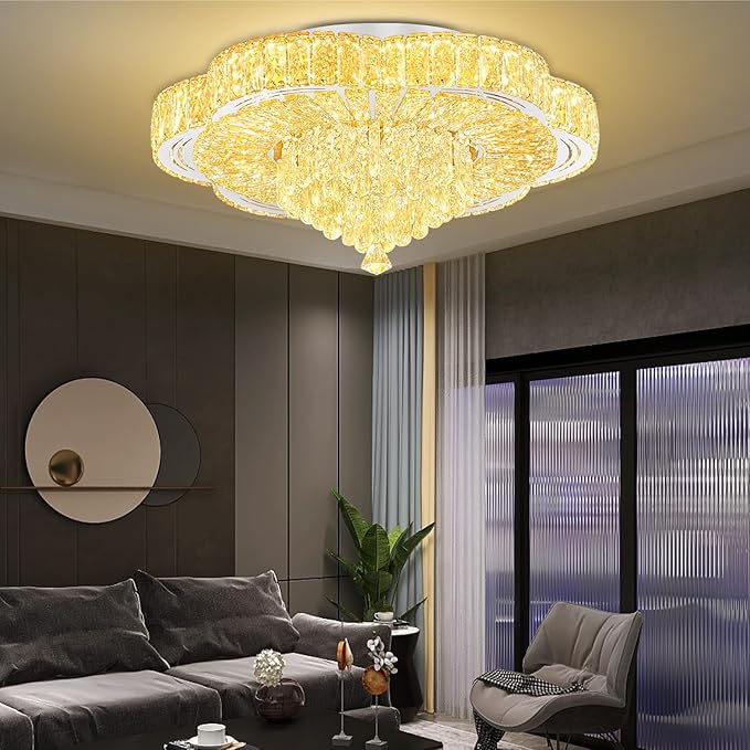 Modern Empire Crystal Chandelier Silver 24inches Crystal Raindrop Ceiling Light for Living Room Bedroom LED Infinity Dimmable 3000-6000K