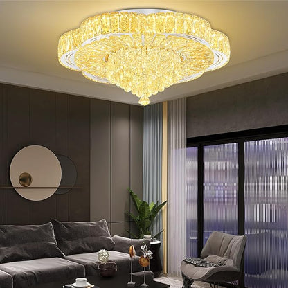 Modern Empire Crystal Chandelier Silver 24inches Crystal Raindrop Ceiling Light for Living Room Bedroom LED Infinity Dimmable 3000-6000K