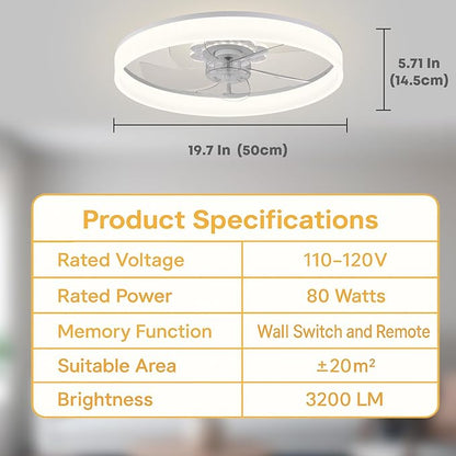 Fszdorj 20'' Ceiling Fan with Light, Upgraded Low Profile Fan, Flush Mount Ceiling Fan, 6 Speeds, Dimmable LED, App & Remote Control, Quiet DC Motor, for Bedroom, Living Room, F116 White