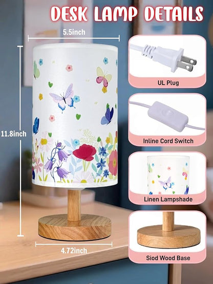 Butterfly Flower Kids Table Lamp for Bedroom Girls Bedside Lamps-3 Way Dimmable Wood Base Nightstand Nightlight with Butterflies Pattern Lampshade for Boy Girls Room Home Decor,Butterfly Gift for Girl