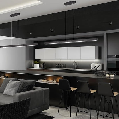 31.5" Black Linear Pendant Light Wooden Led Linear Pendant Light Fixtures Ceiling Hanging Dimmable Pendant Lights for Dining Room Kitchen Island Pool Table Lights Black Wood Finish，Kitchen Lights