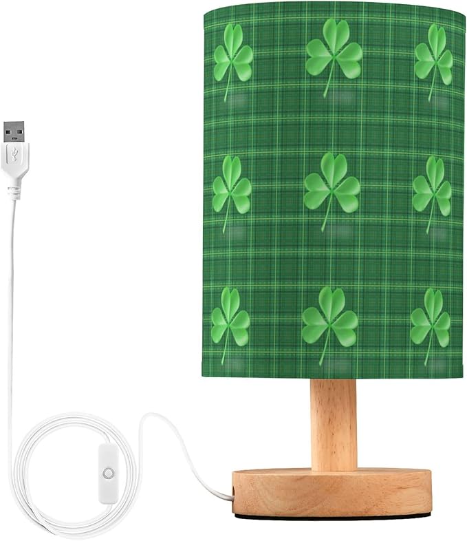 Irish Shamrock Clover on Green Plaid St Patricks Day Table Lamp with Wood Base Fabric Lamp Shade Bedside Nightstand Desk Lamp for Living Room Bedroom Kids Room Office