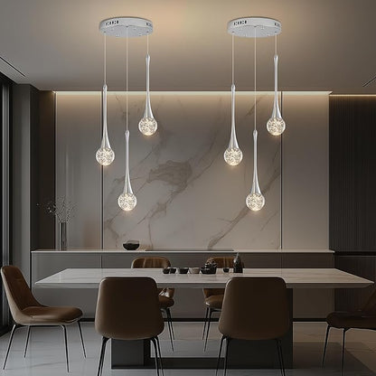 Modern Crystal Kitchen Island Chandelier 3-Lights Chrome, LED Dimmable Raindrop Indoor Lighting Fixture for Dining Room Foyer Entryway Remote Control