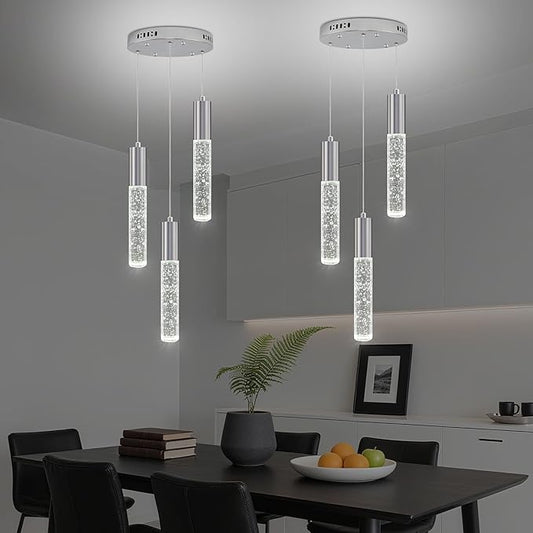 Modern Crystal Chandelier for Kitchen Island 3-Lights, Elegant Chrome LED Bubble Pendant Lighting Fixture for Dining Room Bedroom Entryway