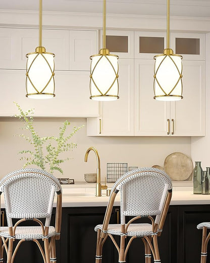 Brushed Gold Pendant Lights Kitchen Island 3 Pack, Milk Glass Kitchen Pendant Lighting Over Island with Rod, Modern Mini Hanging Light for Kitchen Sink Dining Room, CH9176BGW-3PK