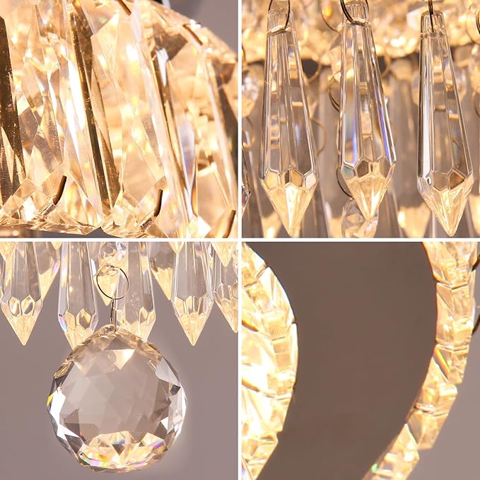 Finktonglan 11.8" Crystal Chandeliers, Modern Crystal Ceiling Light LED Small Chandeliers Semi Flush Mount Chandelier Room Light for Bedrooms Living Room Hallway (2700K Warm Light)