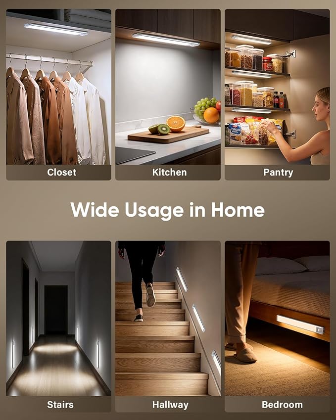 MCGOR 3 Pack 14.7inch Under Cabinet Lighting, Rechargeable Motion Sensor Light Indoor with 3 Color Temps, Dimmable Magnetic Led Closet Lights, Wireless Under Counter Lights for Kitchen, Stairs
