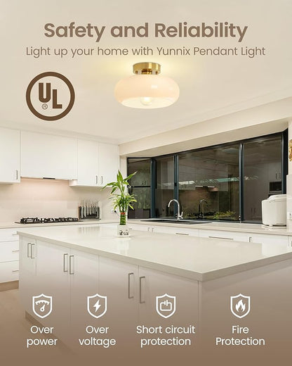 Yunnix Semi Flush Mount Ceiling Light, Gold Light Fixture, Mid-Century Modern Farmhouse Milk Glass Small Light Fixtures for Hallway, Bathroom, Kitchen, Bedroom, Living Room, Closet, Laundry(11 Inch)