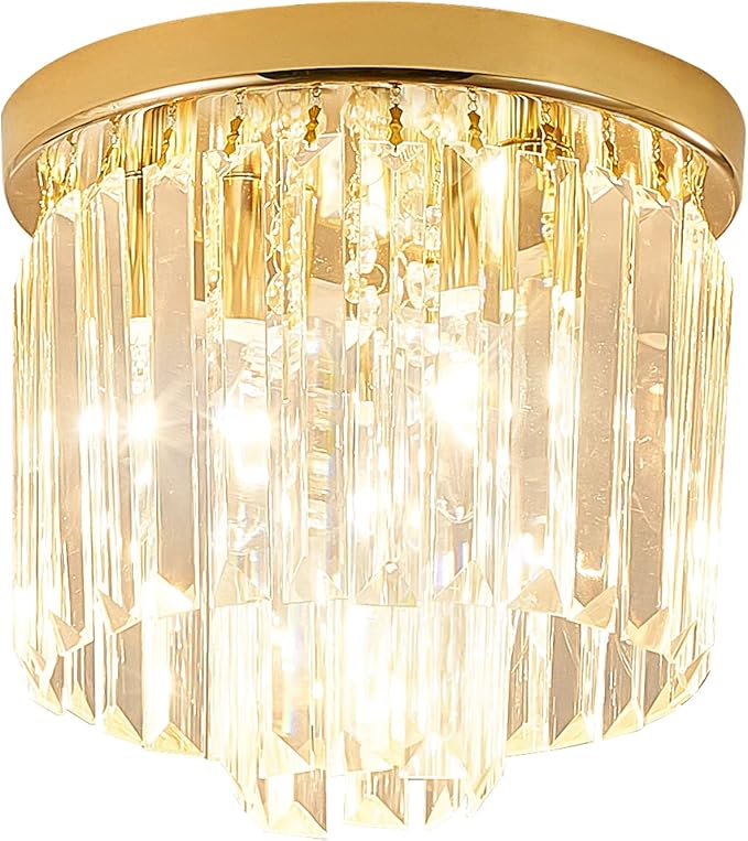 Modern Ceiling Light Crystal Chandelie,2-Tier French Gold Flush Mount Pendant Lighting Fixture for Kitchen Island Light Living Room Bedroom (3-Lights)