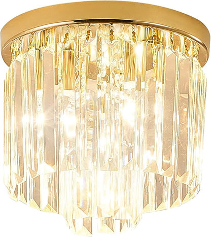 Modern Ceiling Light Crystal Chandelie,2-Tier French Gold Flush Mount Pendant Lighting Fixture for Kitchen Island Light Living Room Bedroom (3-Lights)