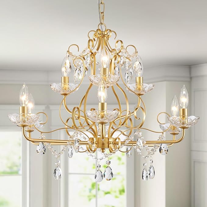 WUZUPS 9-Light Crystal Candle Chandelier Pendant Flushmount Ceiling Light Modern Lighting Fixture for Bedroom Hallway Bar Kitchen Bathroom, H 18.1" x W 25.6", Gold, E12 Base