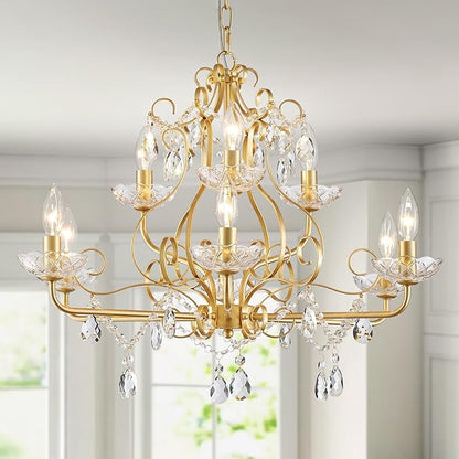 WUZUPS 9-Light Crystal Candle Chandelier Pendant Flushmount Ceiling Light Modern Lighting Fixture for Bedroom Hallway Bar Kitchen Bathroom, H 18.1" x W 25.6", Gold, E12 Base