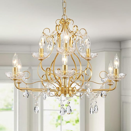 WUZUPS 9-Light Crystal Candle Chandelier Pendant Flushmount Ceiling Light Modern Lighting Fixture for Bedroom Hallway Bar Kitchen Bathroom, H 18.1" x W 25.6", Gold, E12 Base