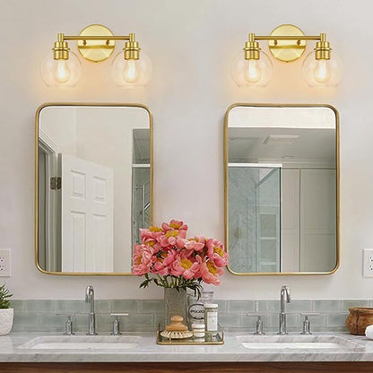 Gold Bathroom Vanity Lights, 2-Light Wall Sconce with Glass Globe Shade, Vanity Lighting for Bathroom/Bedroom/Dressing Room, Vertical/Horizontal Mounted, E26 Bulb Base (Bulb Not Included)