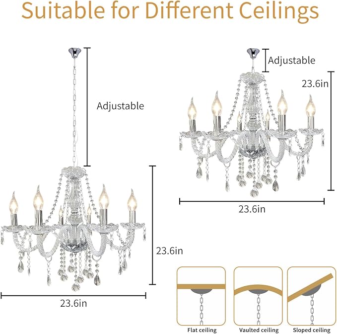 Crystal Chandeliers Classic Crystal Candle Chandelier Lighting, Vintage 6 Lights Pendant Ceiling Fixture Lamp for Dining Room Bedroom Island Hallway Wedding Decoration