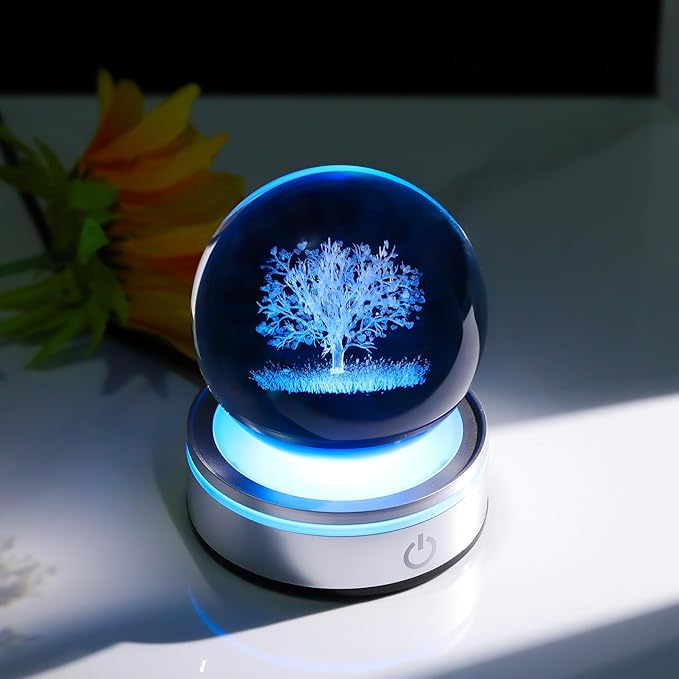 Arikyrist Crystal 3D Tree of Life 3.15in Ball Figurine Gifts for Her, Glass Plant Art Sphere for Room with LED Light Base for Men, Collectible Keepsake for Tree Lovers Home Decor Paperweight