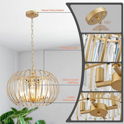 Modern Chandelier for Dining Room 17.7" Gold Crystal Pendant Lighting Fixture Rustic Round Metal Shade Hanging Ceiling 4-Light for Living Room Bedroom Kitchen Island Hallway