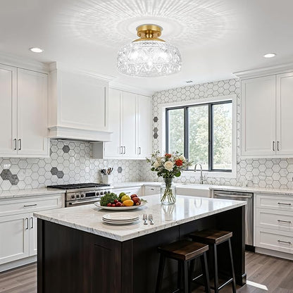 SunRider Semi Flush Mount Ceiling Light, Modern 3-Light Globe Glass Ceiling Light Fixture, Gold Indoor Pendant Lamp for Hallway Porch Kitchen Bedroom