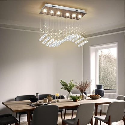 Depuley Modern K9 Crystal Chandelier, 6-Light Rectangle Flush Mount Ceiling Light, Wave Raindrop Crystal Pendant Lighting for Dining Room Kitchen Living Room Bedroom, L29.5'' x W11.8'' x H25.6''