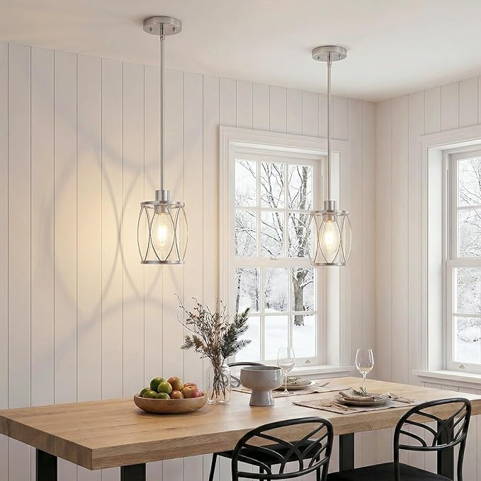 Glass Pendant Lights Kitchen Island Brushed Nickel Pendant Light Fixtures Adjustable Farmhouse Mini Hanging Light with Clear Glass for Sink Dining Room Foyer Entryway Bar, 2 Pack