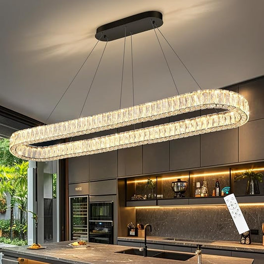 HAIXIANG Crystal 59 Inch Long Chandelier Modern Dimmable LED Chandeliers for Dining Table Pendant Lights Rectangular Glam Lighting Fixtures for Dining Room Kitchen Island Black