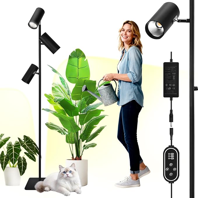 90W Dimmable Grow Light, Full Spectrum COB LED Triple-Head Floor Plant Lamp with High PPFD&CRI, 6/8/12H Timer, Adjustable Height (43"-83") & Angle – Standing Grow Lights for Indoor Plants