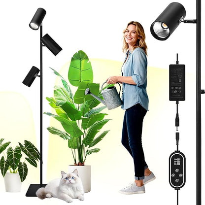 90W Dimmable Grow Light, Full Spectrum COB LED Triple-Head Floor Plant Lamp with High PPFD&CRI, 6/8/12H Timer, Adjustable Height (43"-83") & Angle – Standing Grow Lights for Indoor Plants
