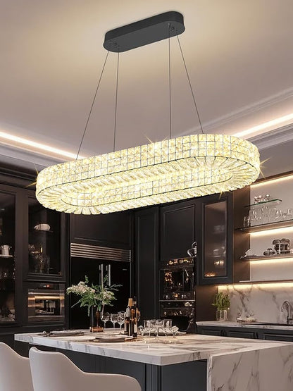 ykolupty Modern Crystal Chandelier, Dia 40" Rectangular Chandelier for Dining Room,Black Rectangle Crystal Ceiling Light Luxury Oval Chandeliers for Living Room Kitchen Island