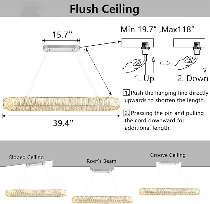 HAIXIANG LED Long Chandeliers for Dining Table Modern Chandelier Dimmable Pendant Lights Crystal Rectangular Glam Lighting Fixtures for Dining Room Kitchen Island Silver