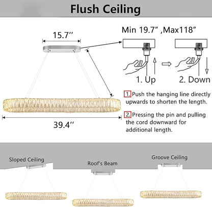 HAIXIANG LED Long Chandeliers for Dining Table Modern Chandelier Dimmable Pendant Lights Crystal Rectangular Glam Lighting Fixtures for Dining Room Kitchen Island Silver